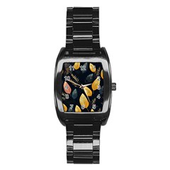 Gold Yellow Leaves Fauna Dark Background Dark Black Background Black Nature Forest Texture Wall Wall Stainless Steel Barrel Watch by Bedest