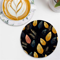 Gold Yellow Leaves Fauna Dark Background Dark Black Background Black Nature Forest Texture Wall Wall Uv Print Round Tile Coaster by Bedest