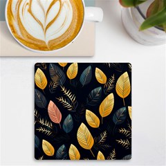 Gold Yellow Leaves Fauna Dark Background Dark Black Background Black Nature Forest Texture Wall Wall Uv Print Square Tile Coaster  by Bedest