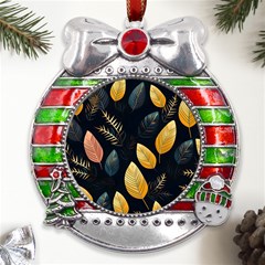 Gold Yellow Leaves Fauna Dark Background Dark Black Background Black Nature Forest Texture Wall Wall Metal X mas Ribbon With Red Crystal Round Ornament by Bedest