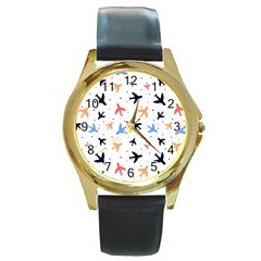 Airplane Pattern Plane Aircraft Fabric Style Simple Seamless Round Gold Metal Watch by Bedest