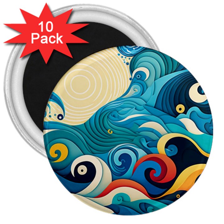 Waves Ocean Sea Abstract Whimsical Abstract Art Pattern Abstract Pattern Water Nature Moon Full Moon 3  Magnets (10 pack) 