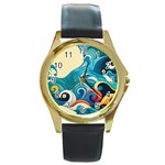 Waves Ocean Sea Abstract Whimsical Abstract Art Pattern Abstract Pattern Water Nature Moon Full Moon Round Gold Metal Watch Front