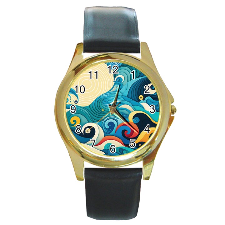 Waves Ocean Sea Abstract Whimsical Abstract Art Pattern Abstract Pattern Water Nature Moon Full Moon Round Gold Metal Watch