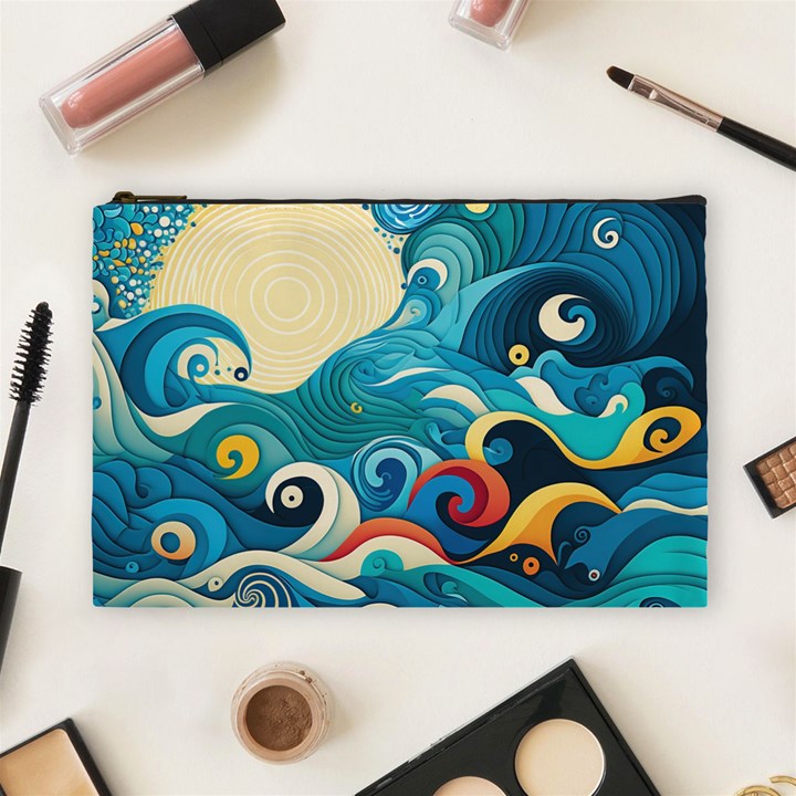 Waves Ocean Sea Abstract Whimsical Abstract Art Pattern Abstract Pattern Water Nature Moon Full Moon Cosmetic Bag (Large)