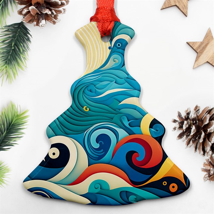 Waves Ocean Sea Abstract Whimsical Abstract Art Pattern Abstract Pattern Water Nature Moon Full Moon Christmas Tree Ornament (Two Sides)