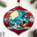 Waves Ocean Sea Abstract Whimsical Abstract Art Pattern Abstract Pattern Water Nature Moon Full Moon Metal Snowflake And Bell Red Ornament Front