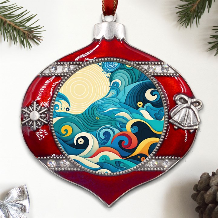 Waves Ocean Sea Abstract Whimsical Abstract Art Pattern Abstract Pattern Water Nature Moon Full Moon Metal Snowflake And Bell Red Ornament