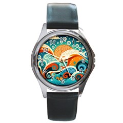 Waves Ocean Sea Abstract Whimsical Abstract Art Pattern Abstract Pattern Nature Water Seascape Round Metal Watch by Bedest