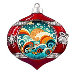 Waves Ocean Sea Abstract Whimsical Abstract Art Pattern Abstract Pattern Nature Water Seascape Metal Snowflake And Bell Red Ornament by Bedest