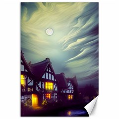 Village Moon Cloudy Historical Tudor Architecture Houses Town Night Windows City Canvas 12  X 18 