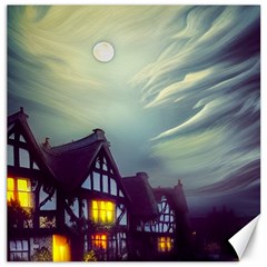 Village Moon Cloudy Historical Tudor Architecture Houses Town Night Windows City Canvas 16  X 16 