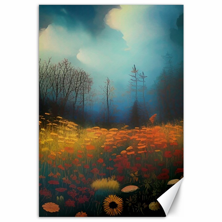 Wildflowers Field Outdoors Clouds Trees Cover Art Storm Mysterious Dream Landscape Canvas 12  x 18 