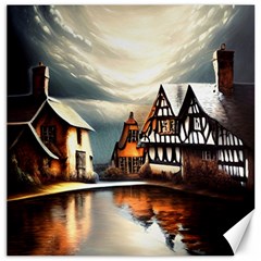 Village Reflections Snow Sky Dramatic Town House Cottages Pond Lake City Canvas 12  X 12 