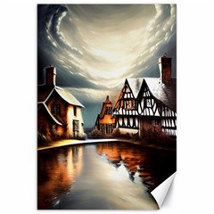 Village Reflections Snow Sky Dramatic Town House Cottages Pond Lake City Canvas 20  X 30 