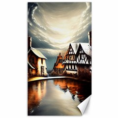 Village Reflections Snow Sky Dramatic Town House Cottages Pond Lake City Canvas 40  X 72 