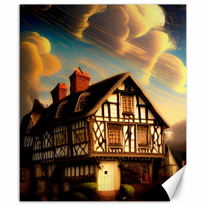 Village House Cottage Medieval Timber Tudor Split-timber Frame Architecture Town Twilight Chimney Canvas 20  x 24 