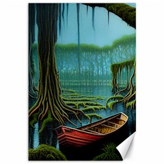 Boat Canoe Swamp Bayou Roots Moss Log Nature Scene Landscape Water Lake Setting Abandoned Rowboat Fi Canvas 12  X 18  by Posterlux