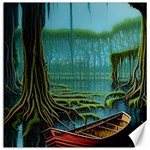 Boat Canoe Swamp Bayou Roots Moss Log Nature Scene Landscape Water Lake Setting Abandoned Rowboat Fi Canvas 16  x 16  15.2 x15.41  Canvas - 1