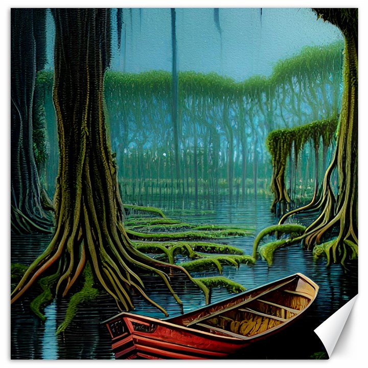 Boat Canoe Swamp Bayou Roots Moss Log Nature Scene Landscape Water Lake Setting Abandoned Rowboat Fi Canvas 16  x 16 