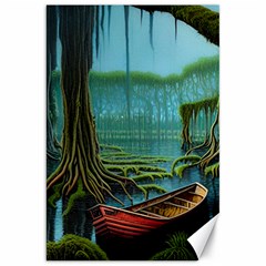 Boat Canoe Swamp Bayou Roots Moss Log Nature Scene Landscape Water Lake Setting Abandoned Rowboat Fi Canvas 20  X 30  by Posterlux