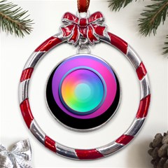 Circle Colorful Rainbow Spectrum Button Gradient Psychedelic Art Metal Red Ribbon Round Ornament by Maspions