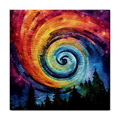 Cosmic Rainbow Quilt Artistic Swirl Spiral Forest Silhouette Fantasy Tile Coaster by Maspions