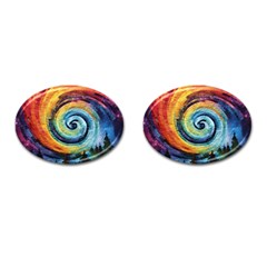 Cosmic Rainbow Quilt Artistic Swirl Spiral Forest Silhouette Fantasy Cufflinks (oval) by Maspions