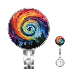 Cosmic Rainbow Quilt Artistic Swirl Spiral Forest Silhouette Fantasy Stainless Steel Nurses Watch by Maspions