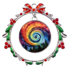 Cosmic Rainbow Quilt Artistic Swirl Spiral Forest Silhouette Fantasy Metal X mas Wreath Ribbon Ornament