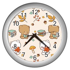 Bear Cartoon Background Pattern Seamless Animal Wall Clock (silver)