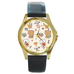 Bear Cartoon Background Pattern Seamless Animal Round Gold Metal Watch