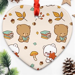 Bear Cartoon Background Pattern Seamless Animal Heart Ornament (two Sides)