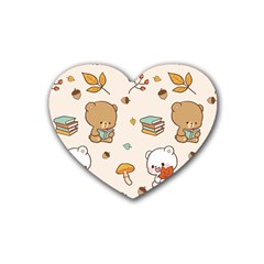 Bear Cartoon Background Pattern Seamless Animal Rubber Heart Coaster (4 Pack)