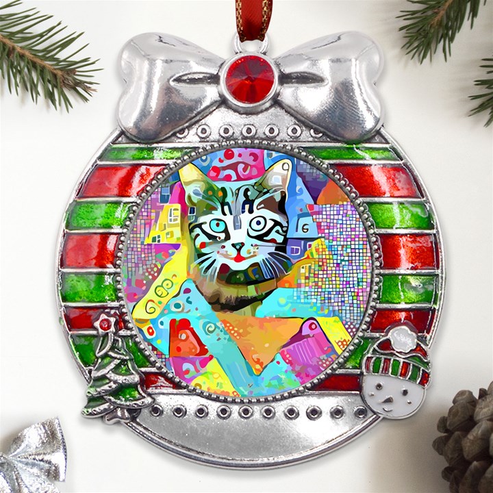 Kitten Cat Pet Animal Adorable Fluffy Cute Kitty Metal X Mas Ribbon With Red Crystal Round Ornament