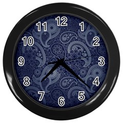 Blue Paisley Texture, Blue Paisley Ornament Wall Clock (black) by nateshop