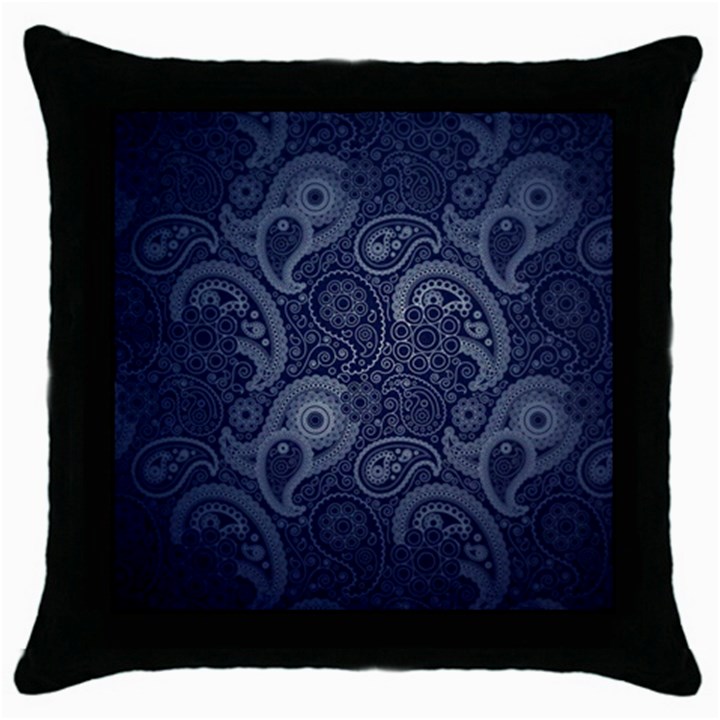 Blue Paisley Texture, Blue Paisley Ornament Throw Pillow Case (Black)