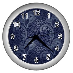 Blue Paisley Texture, Blue Paisley Ornament Wall Clock (silver) by nateshop