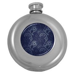 Blue Paisley Texture, Blue Paisley Ornament Round Hip Flask (5 Oz) by nateshop