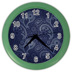 Blue Paisley Texture, Blue Paisley Ornament Color Wall Clock by nateshop