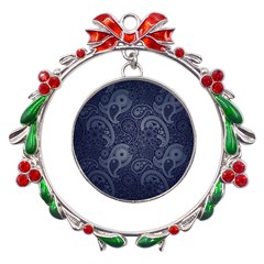 Blue Paisley Texture, Blue Paisley Ornament Metal X mas Wreath Ribbon Ornament