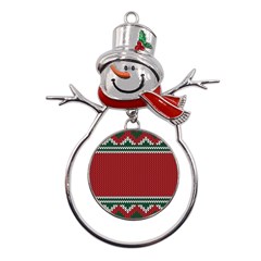 Christmas Pattern, Fabric Texture, Knitted Red Background Metal Snowman Ornament by nateshop