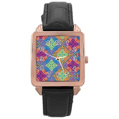 Colorful Floral Ornament, Floral Patterns Rose Gold Leather Watch  by nateshop