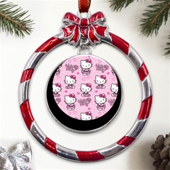 Cute Hello Kitty Collage, Cute Hello Kitty Metal Red Ribbon Round Ornament by nateshop