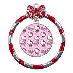 Cute Hello Kitty Collage, Cute Hello Kitty Metal Red Ribbon Round Ornament by nateshop