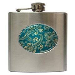 European Pattern, Blue, Desenho, Retro, Style Hip Flask (6 Oz) by nateshop