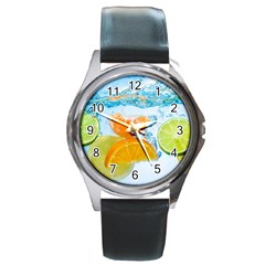 Fruits, Fruit, Lemon, Lime, Mandarin, Water, Orange Round Metal Watch by nateshop