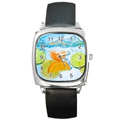 Fruits, Fruit, Lemon, Lime, Mandarin, Water, Orange Square Metal Watch by nateshop