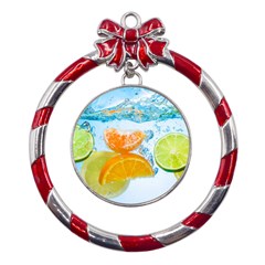 Fruits, Fruit, Lemon, Lime, Mandarin, Water, Orange Metal Red Ribbon Round Ornament by nateshop