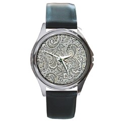 Gray Paisley Texture, Paisley Round Metal Watch by nateshop